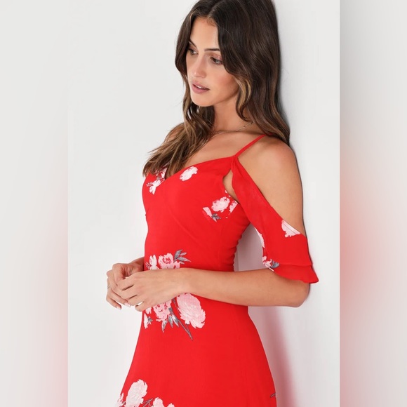 NEW Lulus Love in Bloom Red Floral Print Off-the-Shoulder High-Low Dress Small - Picture 4 of 5